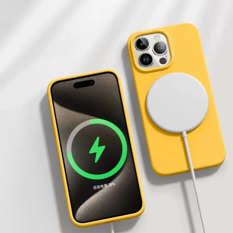 iPhone 14 silicone case with MagSafe charging, yellow color