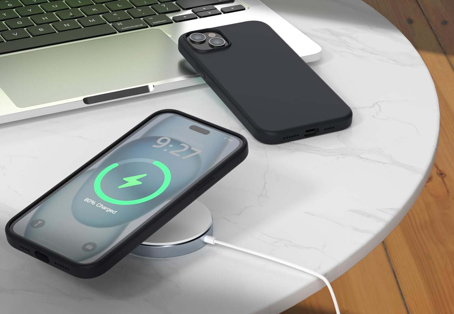 iPhone 15 silicone case on wireless charger