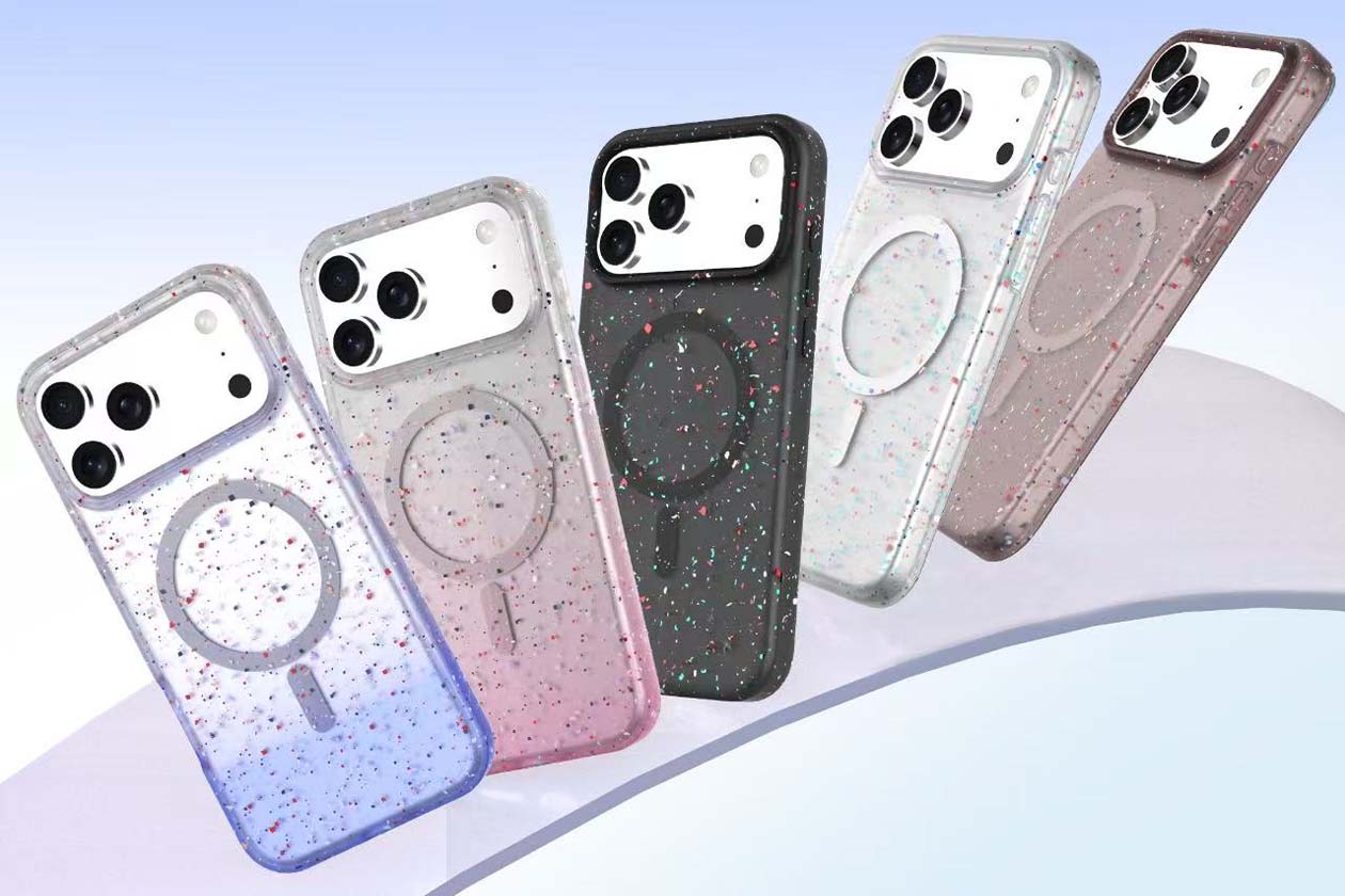 Five glitter-speckled MagSafe-compatible phone cases in blue, pink, black, clear, and brown lined up against a gradient background