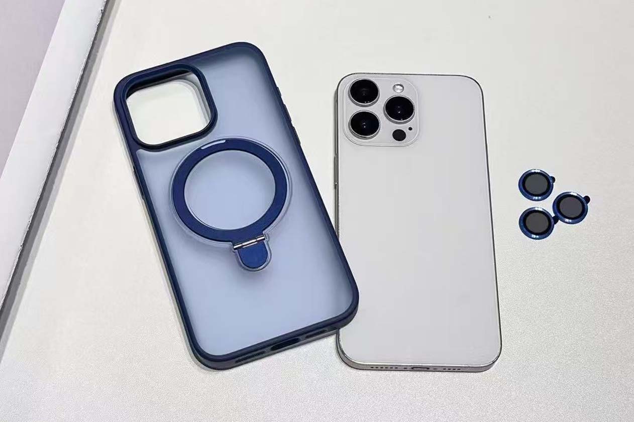Blue MagSafe-style ring holder phone case beside a white smartphone and three matching magnetic lens covers